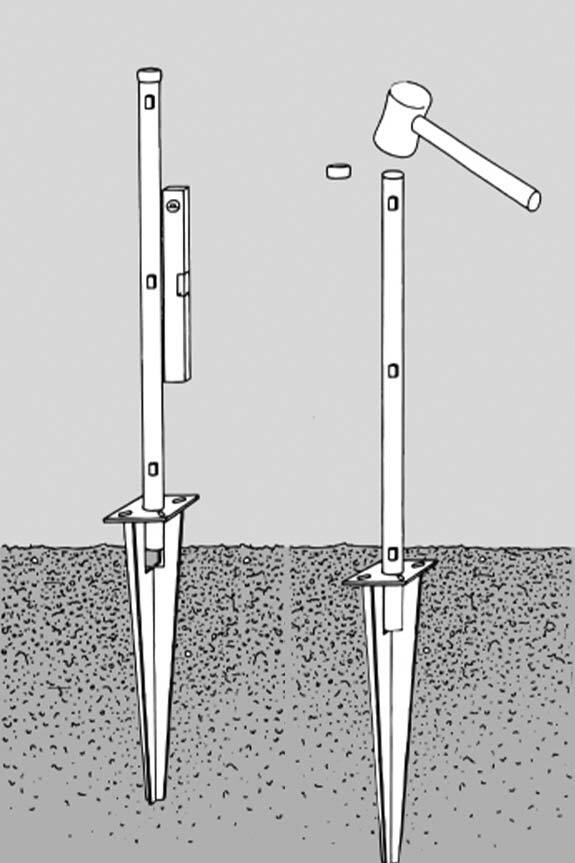 Grafik Verwendung Einschalgbodenhülse. Hammer haut auf Einschlaghilfe